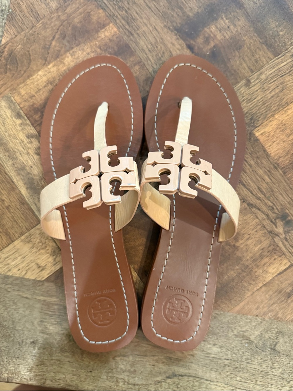 Tory Burch Tan Footbed Sandals with Cream Logo Thong